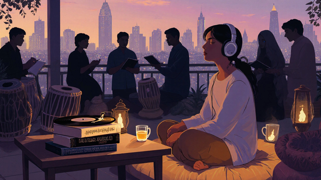 A contemporary reader surrounded by books and music, immersed in Indian poetry.