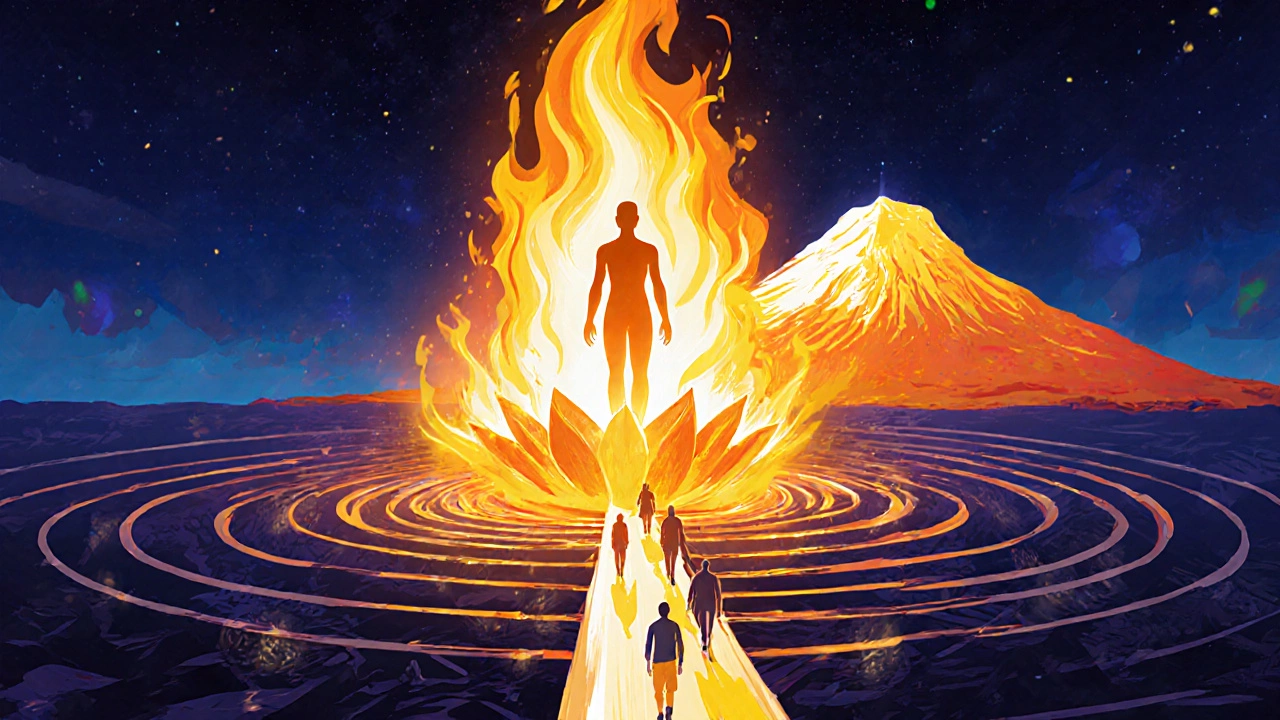 Abstract illustration of a golden flame rising from a lotus toward a glowing mountain.