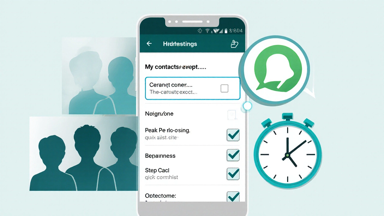 Digital graphic of WhatsApp privacy settings layer, showing excluded contacts, a clock at 8 PM, and checklist icons.
