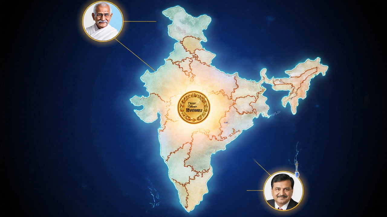 Digital illustration of Gandhi&#039;s silhouette over a map of India with subtle icons of modern leaders.