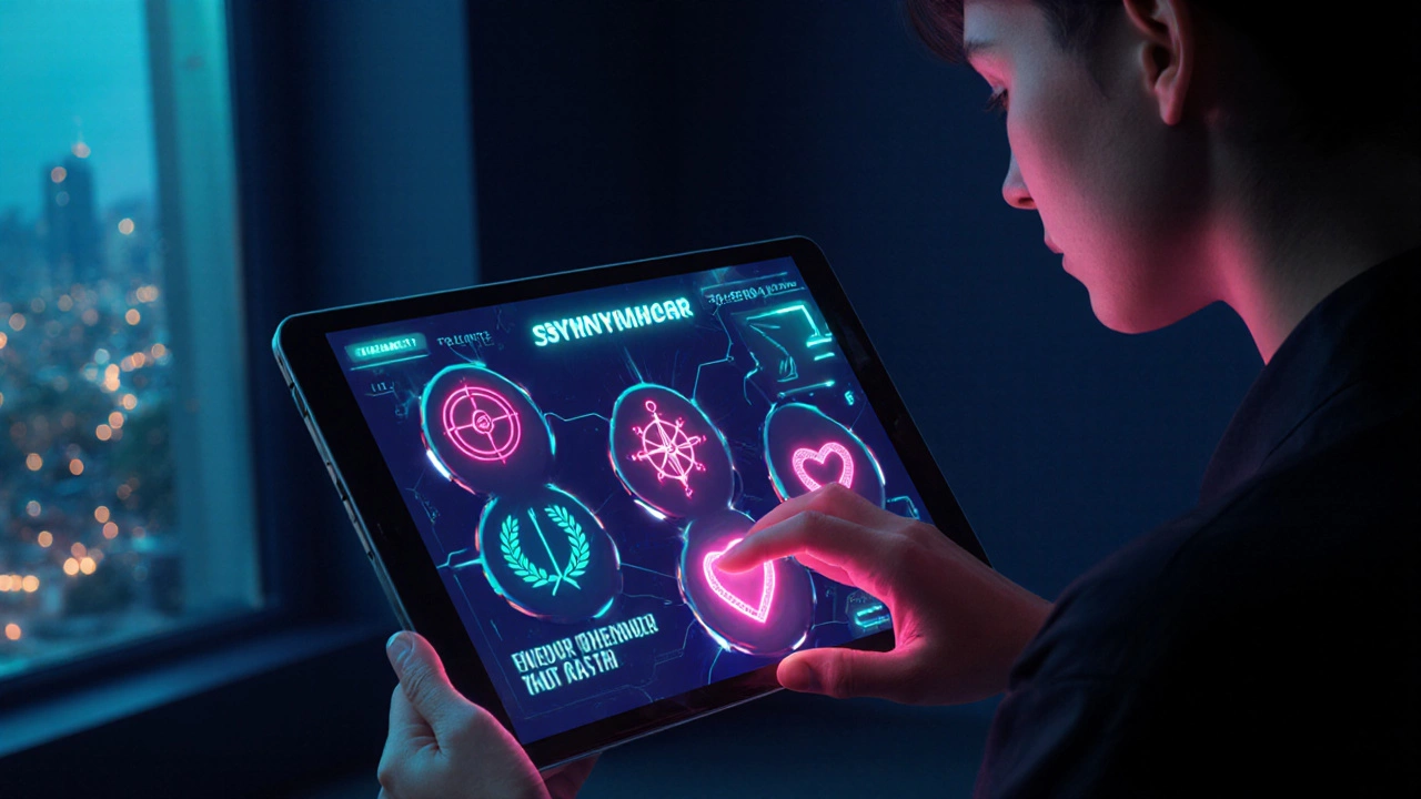 Digital UI concept of a tablet showing abstract bubbles for friendship synonyms, held by a writer.