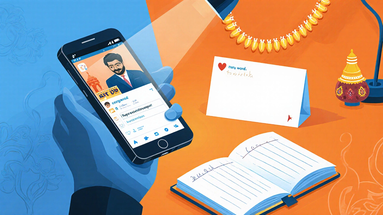 Flat‑design view of a person using a phone, card, and journal to apply two‑word phrases.
