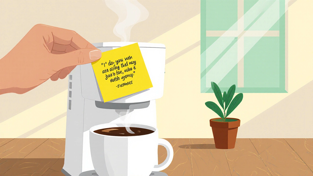 Hand placing a sticky note on a coffee maker in a bright kitchen with morning light.