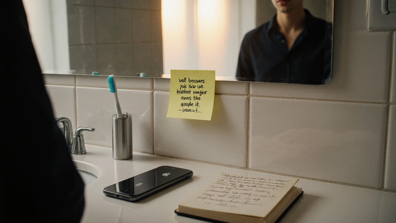 Morning bathroom scene with a post‑it quote on the mirror and a phone lock screen.