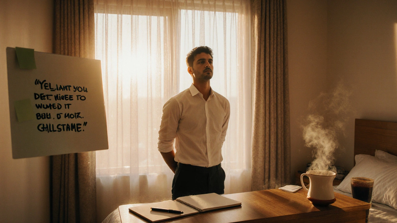 Morning scene with a sticky note on a mirror, a young person standing by sunrise light.