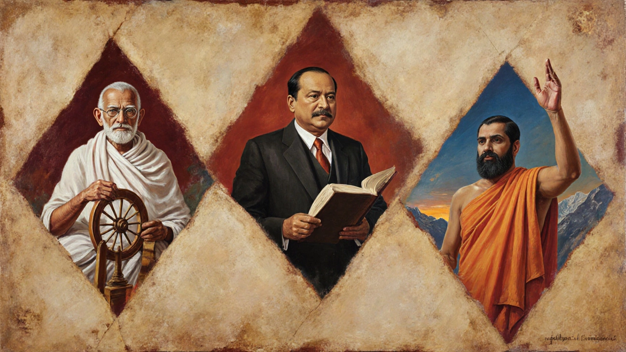Oil painting of Gandhi, Ambedkar, and Vivekananda arranged in a triangular composition.