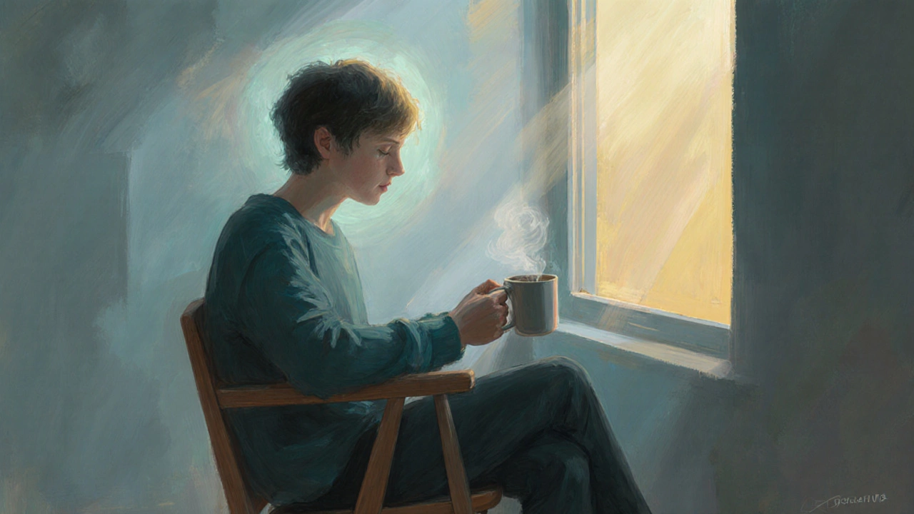 Person seated by a window, holding a mug, with a subtle glowing aura representing inner strength.