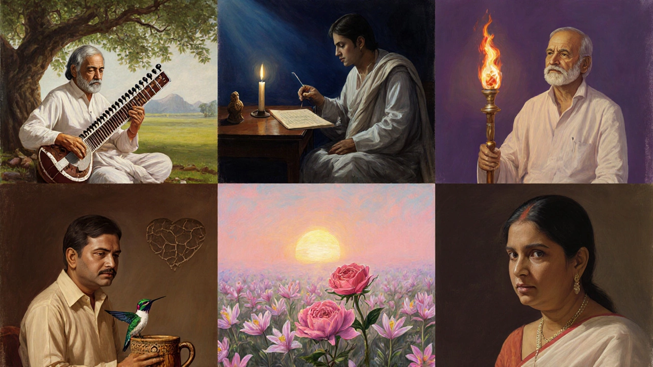Portrait montage of eight famed Indian poets with symbols of their themes.