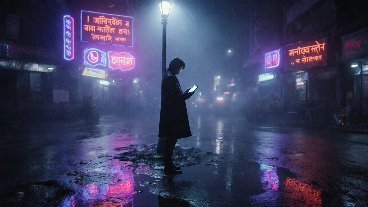 Rainy city night, neon lights, figure reading a sad WhatsApp status on a phone.
