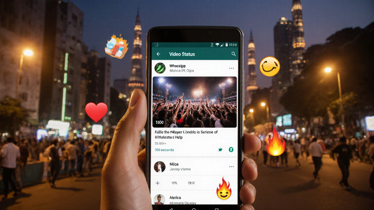 Realistic hand holding phone showing an IPL video status with glowing Mumbai skyline and floating emojis.
