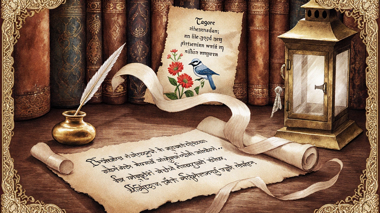 Vintage Indian study with quill, scrolls showing classic sad verses by Ghalib, Tagore, Naidu.