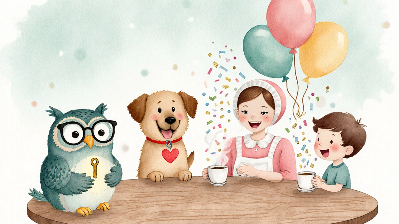 Watercolor characters representing trust, loyalty, support, and enjoyment around a table.