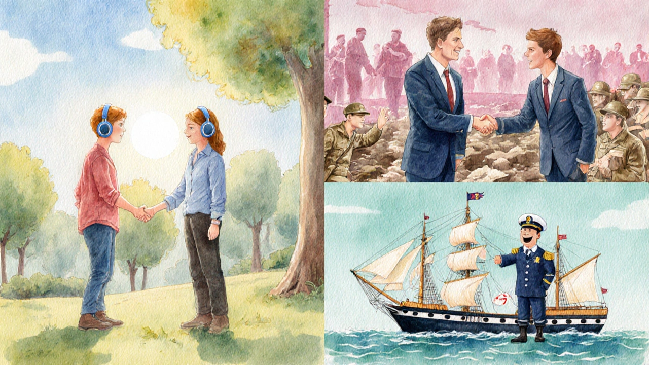 Watercolor montage of friends in park, cafe, battlefield and ship representing various friendship terms.
